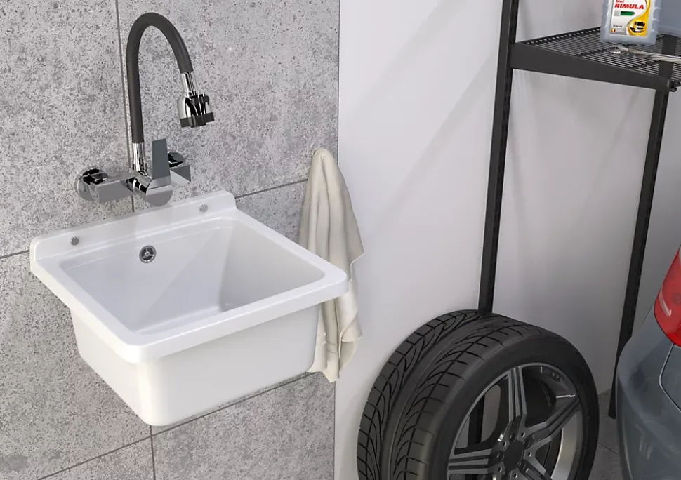 Lavabo Granitan Orta Blanc avec Siphon pour Garage, Buanderie, Chaufferie - 1 Pièce