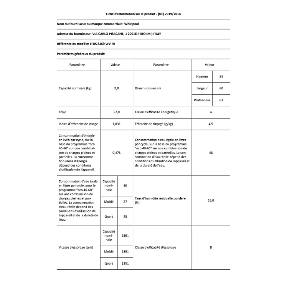 Lave-linge frontal 8kg 1400 tours/min Whirlpool FFBS8469WVFR