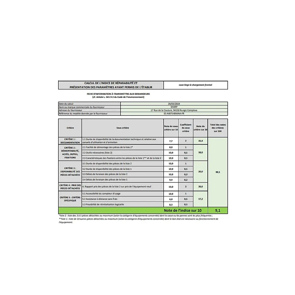 Lave-linge intégrable SHARP ESNIB714BWNA
