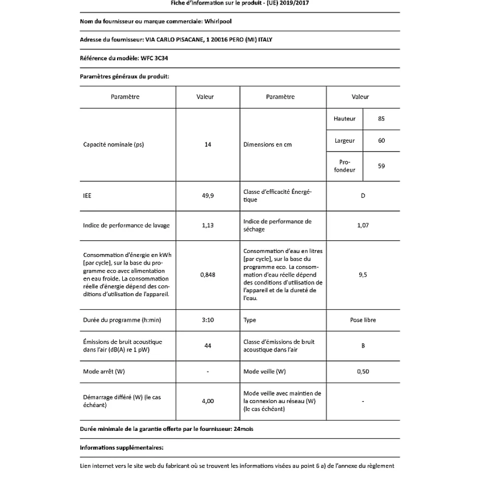 Lave-vaisselle 60cm 14 couverts 44db Whirlpool WFC3C34