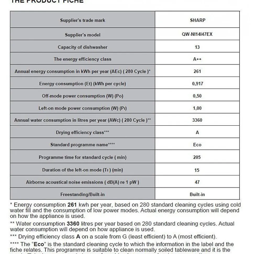 Lave-vaisselle 60cm 13 couverts 47db tout intégrable Sharp QWNI14I47EX