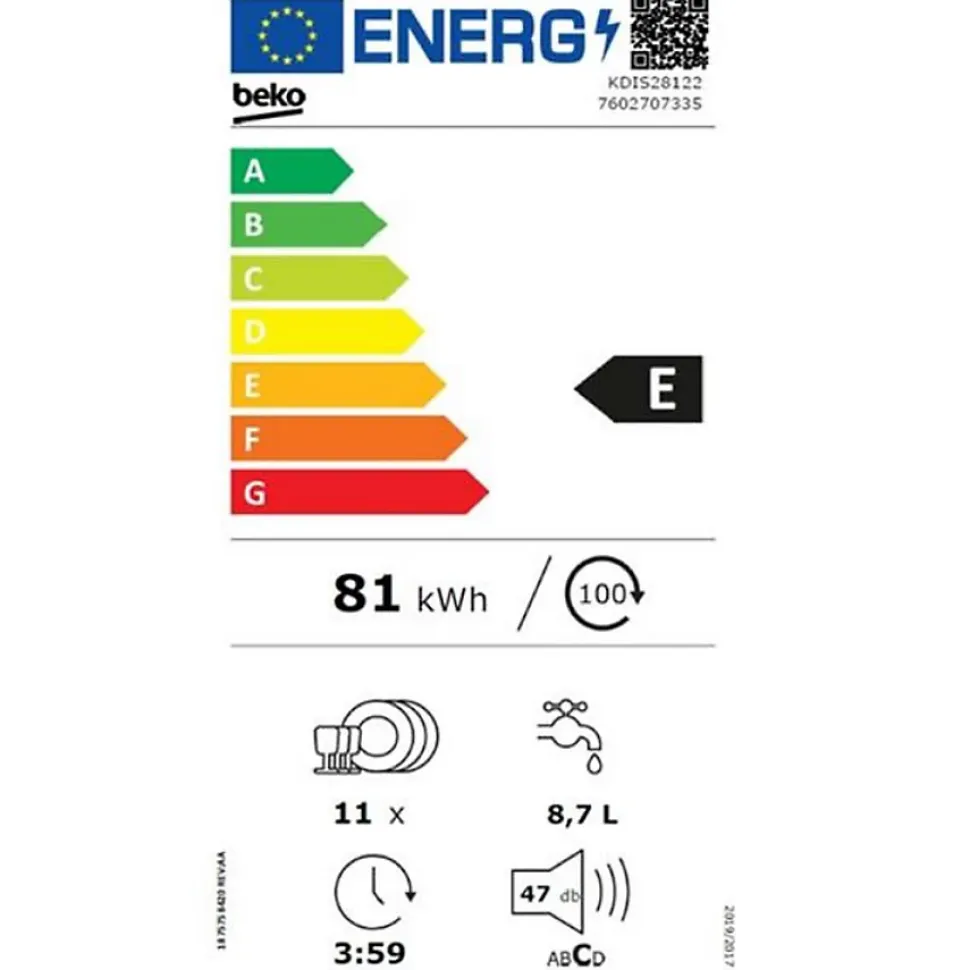 Lave-vaisselle 45cm 11 couverts 47db tout intégrable Beko KDIS28122