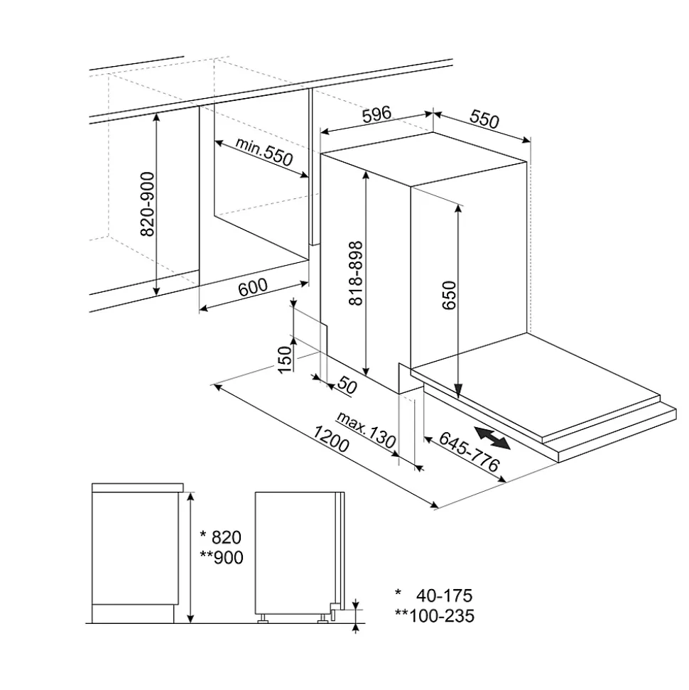 Lave-vaisselle encastrable 14 couverts l. 60 cm STL362DQ Smeg noir