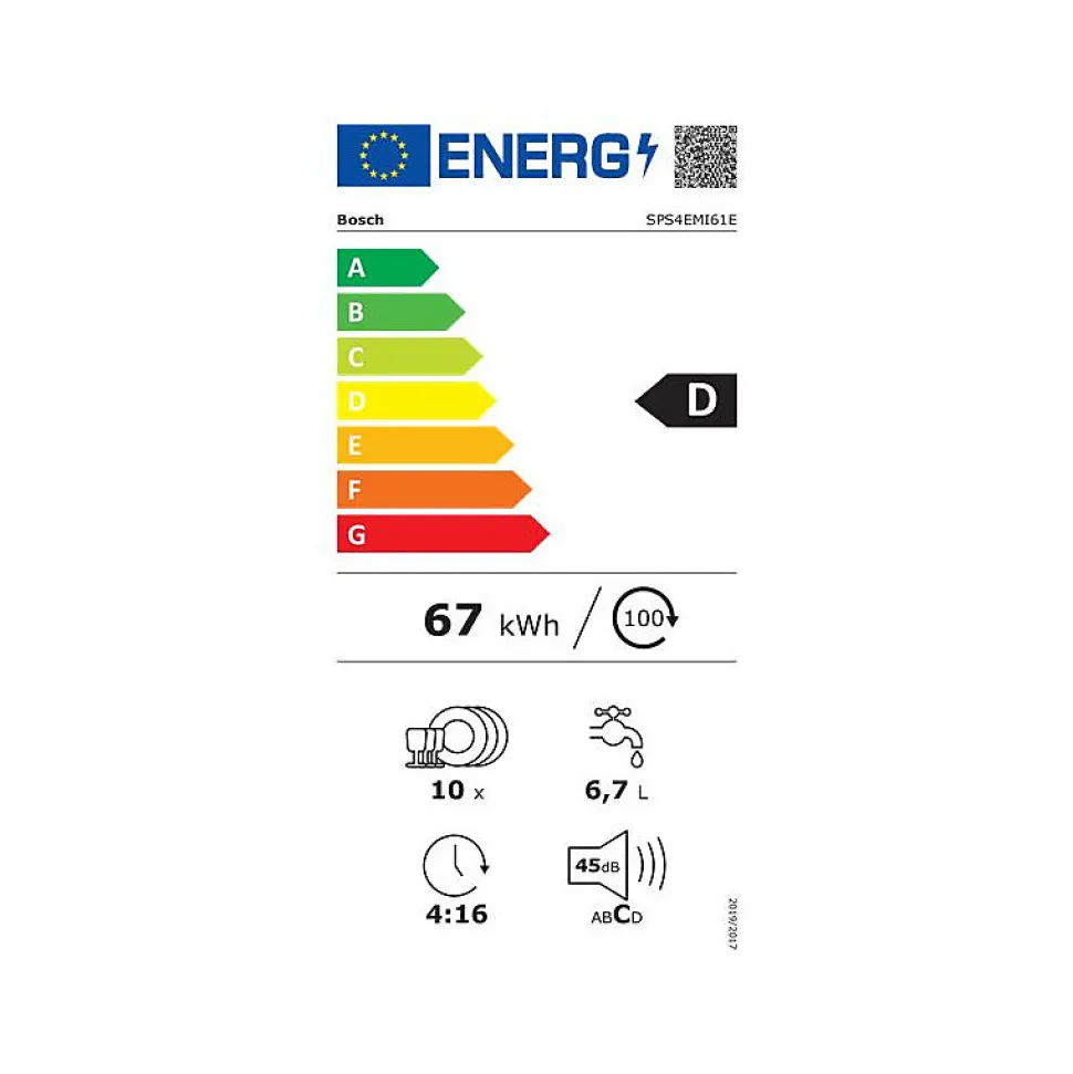 Lave-vaisselle pose-libre 45 cm, SER4, Classe énergie D, Home Connect, BOSCH - SPS4EMI61E