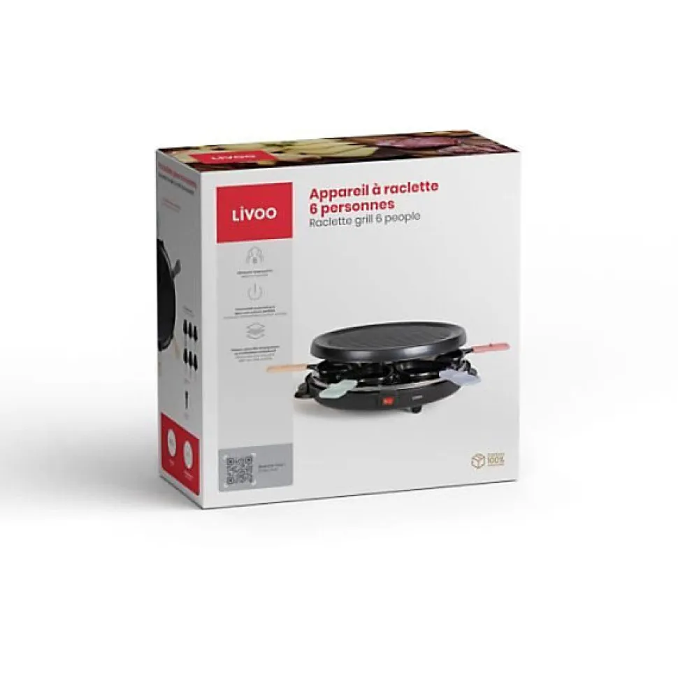 Livoo - Appareil à raclette 6 personnes DOC207P - 800W, plateau grill amovible, 29x29 cm, accessoires