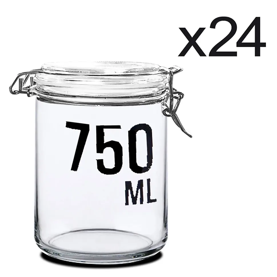 Lot 24 bocaux hermétique à bouchon mécanique, récipient transparent bocal de conservation en verre, capacité 750ml -D 10 x H 15 cm