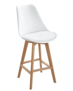 Lot 2 Chaises De Bar Scandinaves 70cm Large Siège Coussin Simili Pieds Bois TIKA (blanc)