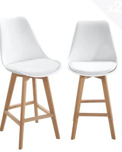 Lot 2 Chaises De Bar Scandinaves 70cm Large Siège Coussin Simili Pieds Bois TIKA (blanc)