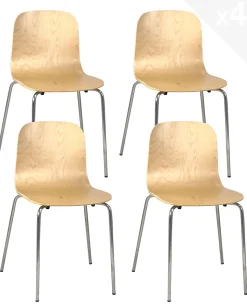 Lot 4 Chaises de Cuisine design Retro Siège Bois Pieds Chrome Rio (bois Clair)