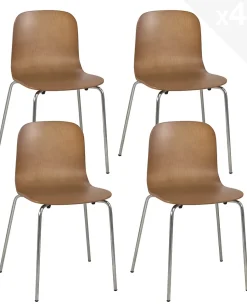 Lot 4 Chaises de Cuisine design Retro Siège Bois Pieds Chrome Rio (bois Foncé)