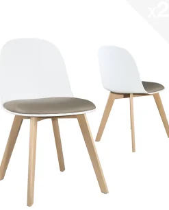 Lot 2 Chaises de Cuisine Scandinaves Pieds Bois Clair Coussin Simili Ufi (blanc-gris)