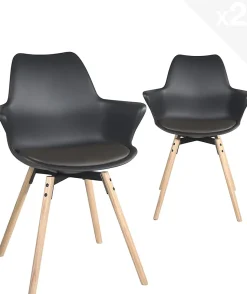 Lot 2 Chaises Scandinaves Accoudoirs Pieds Bois Clair Coussin Moti (noir Marron)