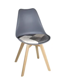 Lot 2 Chaises Scandinaves Coussin Simili Patchwork Pieds Bois Clair LAO (gris Bleu)