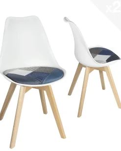 Lot 2 Chaises Scandinaves Coussin Tissu Patchwork Pieds Bois Clair LAO (bleu)