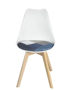 Lot 2 Chaises Scandinaves Coussin Tissu Patchwork Pieds Bois Clair LAO (bleu)