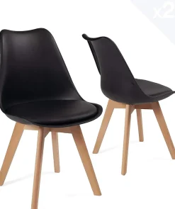 Lot 2 Chaises Scandinaves Large Siège Coussin Simili Pieds Bois Hêtre LAO (noir)