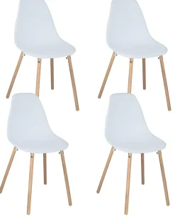 Lot 4 Chaises Scandinaves de Cuisine Siège Plastique Souple Pieds Bois Clair OVA (blanche)