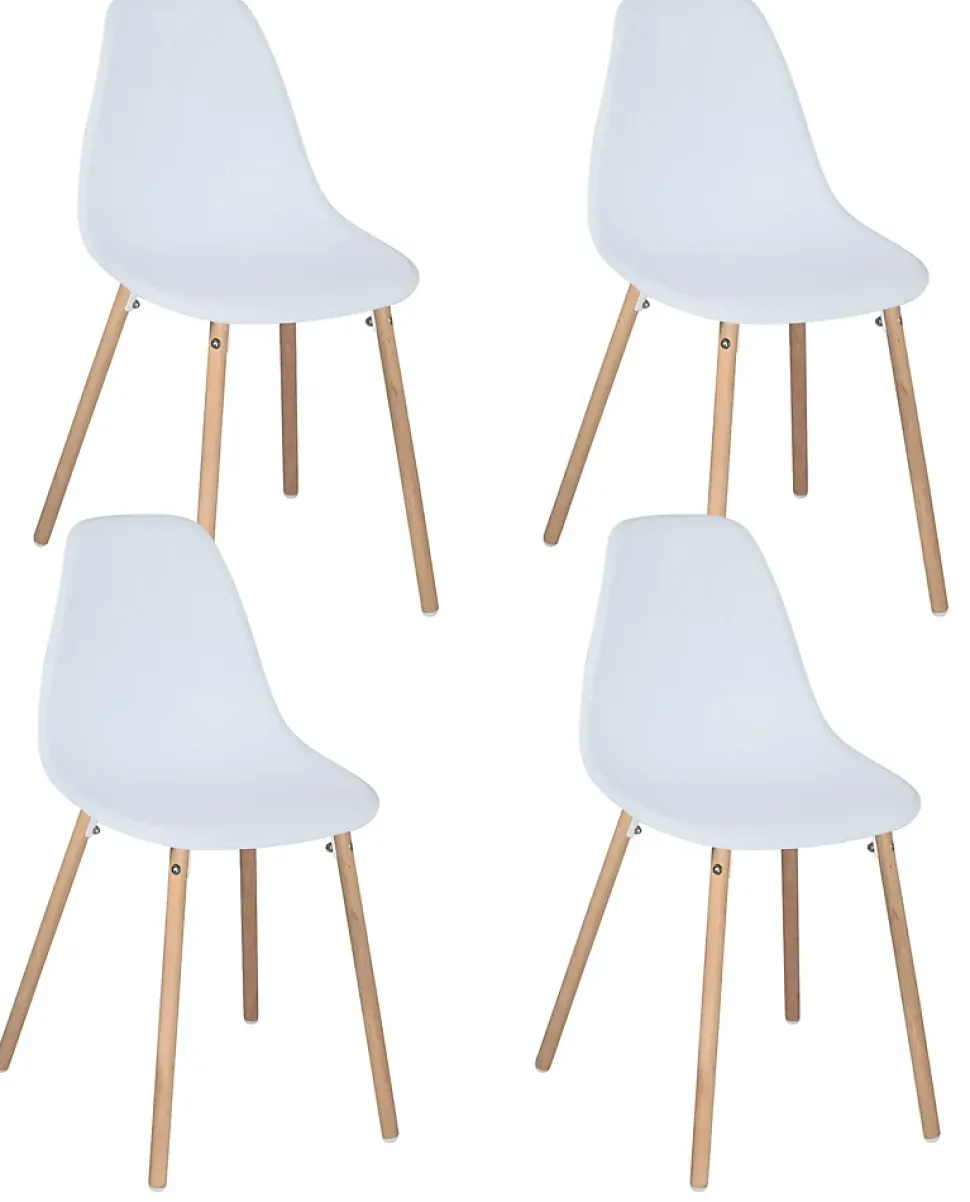 Lot 4 Chaises Scandinaves de Cuisine Siège Plastique Souple Pieds Bois Clair OVA (blanche)