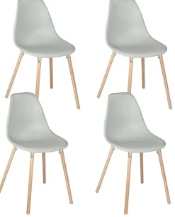 Lot 4 Chaises Scandinaves de Cuisine Siège Plastique Souple Pieds Bois Clair OVA (gris)