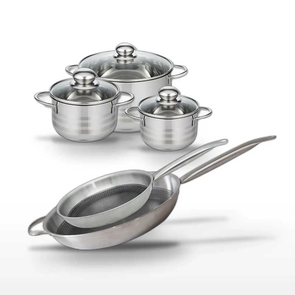 Lot 2 Poêles 28/32 cm et 3 Faitouts 14/16/20 cm Elo Relief Solution