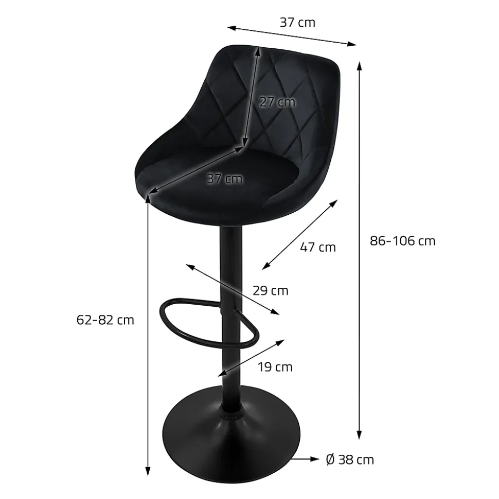 Lot 4 tabouret de bar rembourrées velours chaise noir hauteur réglable 62-82cm