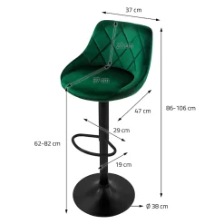 Lot 4 tabourets de bar rembourrées velours chaise vert hauteur réglable 62-82cm