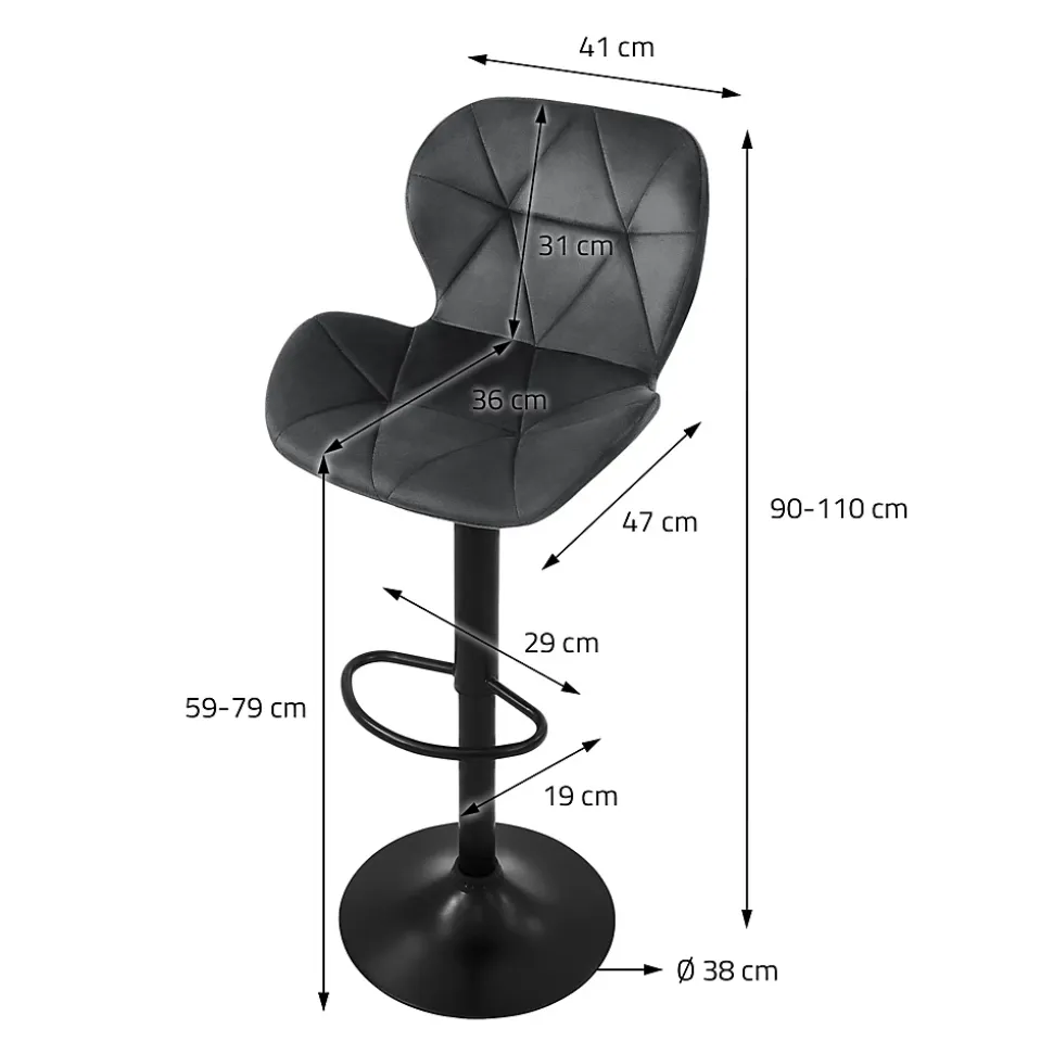 Lot 4 tabourets de bar rembourrées velours chaise gris hauteur réglable 59-79cm