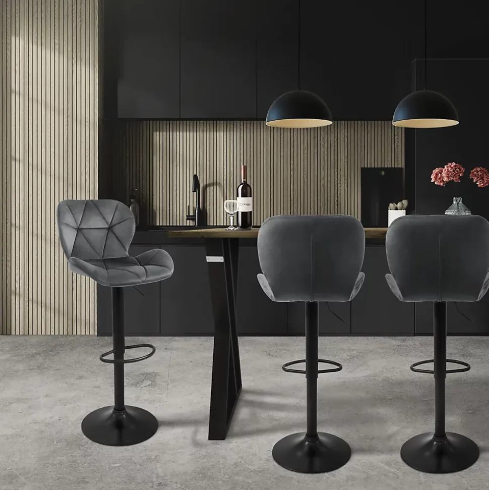 Lot 4 tabourets de bar rembourrées velours chaise gris hauteur réglable 59-79cm