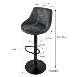 Lot 4 tabourets de bar rembourrées velours chaise gris hauteur réglable 62-82cm