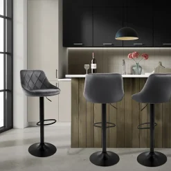 Lot 4 tabourets de bar rembourrées velours chaise gris hauteur réglable 62-82cm