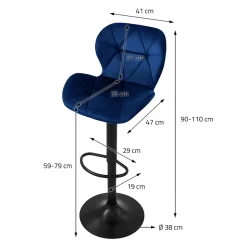 Lot 4 tabourets de bar rembourrées velours chaise bleu hauteur réglable 59-79 cm