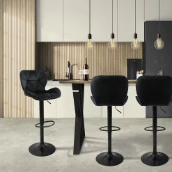 Lot 4 tabourets de bar rembourrées velours chaise noir hauteur réglable 59-79cm