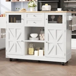 Îlot cuisine avec plan de travail, portes 3D, veinage bois, roulettes, cloisons réglables - blanc