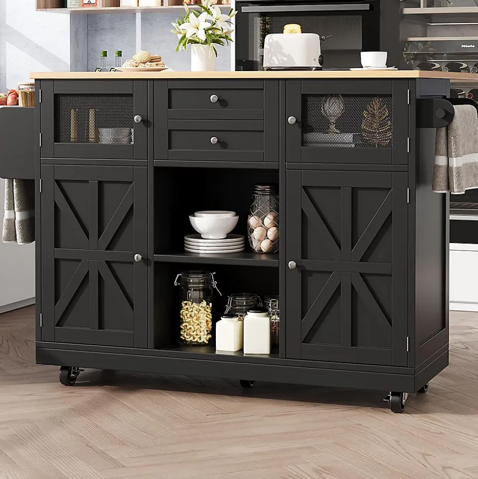 Îlot cuisine avec plan de travail, portes 3D, grain de bois, roulettes, cloisons réglables - noir