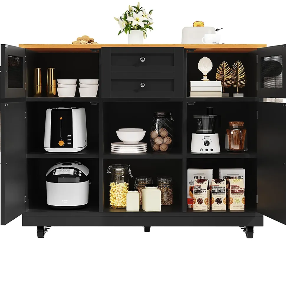 Îlot cuisine avec plan de travail, portes 3D, grain de bois, roulettes, cloisons réglables - noir