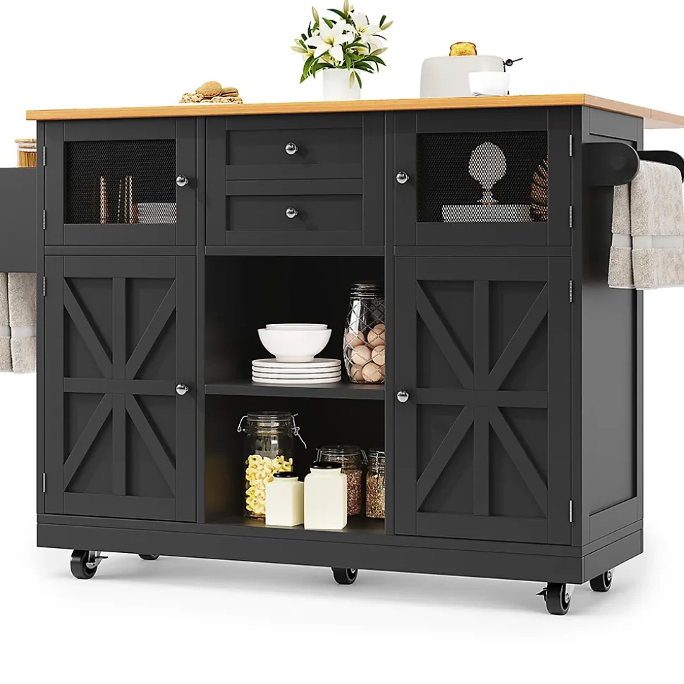 Îlot cuisine avec plan de travail, portes 3D, grain de bois, roulettes, cloisons réglables - noir