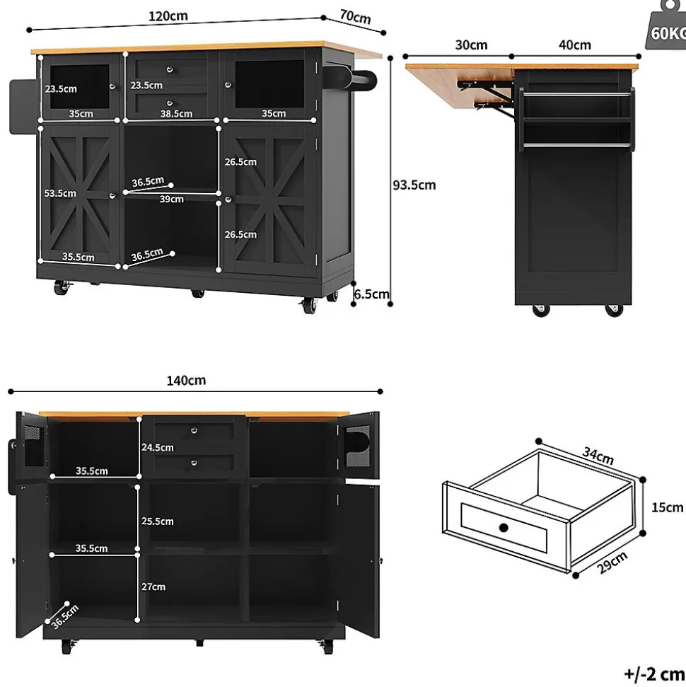 Îlot cuisine avec plan de travail, portes 3D, grain de bois, roulettes, cloisons réglables - noir