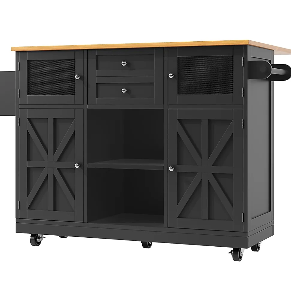 Îlot cuisine avec plan de travail, portes 3D, grain de bois, roulettes, cloisons réglables - noir