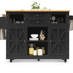 Îlot cuisine avec plan de travail, portes 3D, grain de bois, roulettes, cloisons réglables - noir