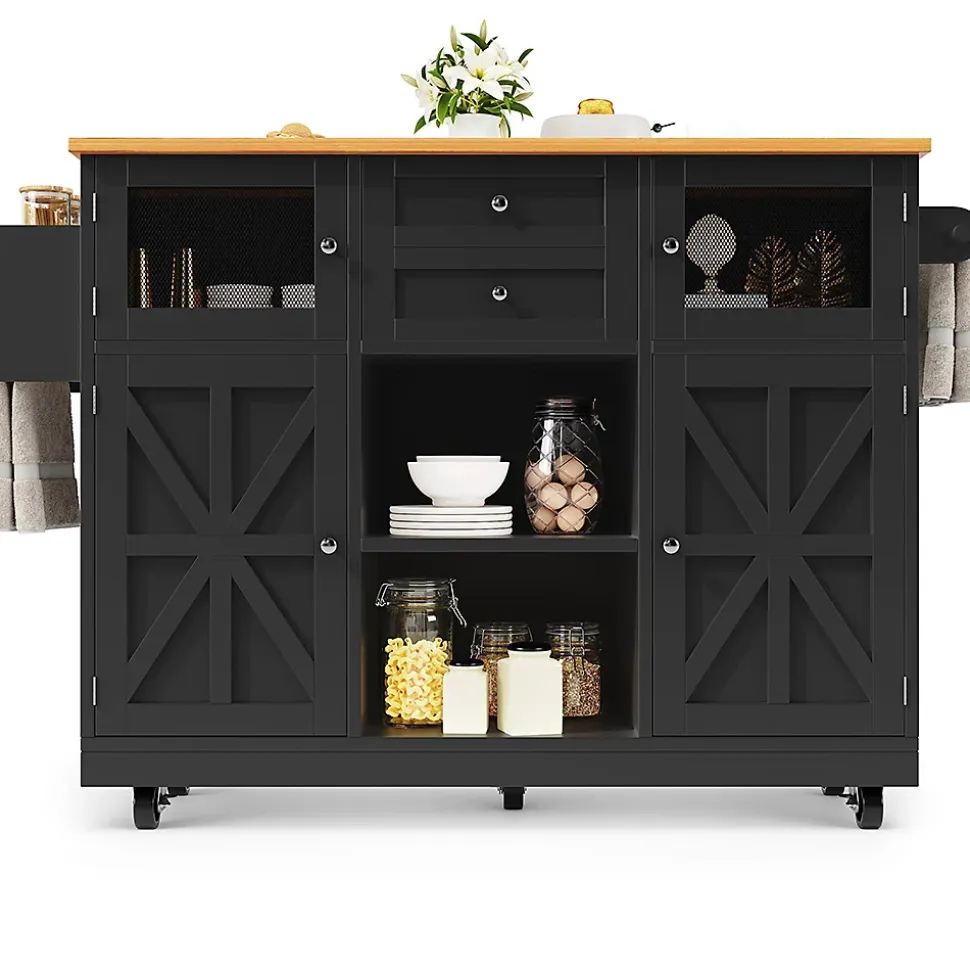 Îlot cuisine avec plan de travail, portes 3D, grain de bois, roulettes, cloisons réglables - noir