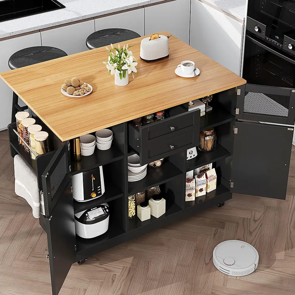 Îlot cuisine avec plan de travail, portes 3D, grain de bois, roulettes, cloisons réglables - noir