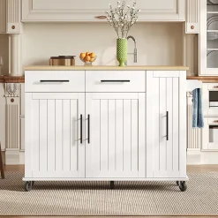 Îlot cuisine avec plateau rabattable, 3 niveaux rangement, 2 tiroirs, roulettes, blanc