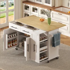 Îlot cuisine avec plateau rabattable, 3 niveaux rangement, 2 tiroirs, roulettes, blanc