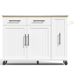 Îlot cuisine avec plateau rabattable, 3 niveaux rangement, 2 tiroirs, roulettes, blanc