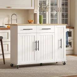 Îlot cuisine avec plateau rabattable, 3 niveaux rangement, 2 tiroirs, roulettes, blanc