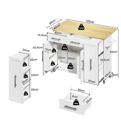 Îlot cuisine avec plateau rabattable, 3 niveaux rangement, 2 tiroirs, roulettes, blanc