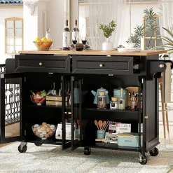 Îlot cuisine avec portes vitrées, roulettes, rangement spacieux, grain de bois - noir