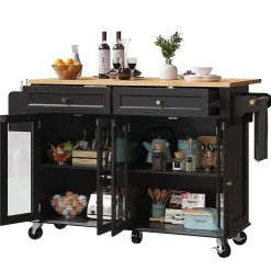 Îlot cuisine avec portes vitrées, roulettes, rangement spacieux, grain de bois - noir