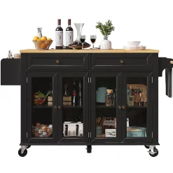 Îlot cuisine avec portes vitrées, roulettes, rangement spacieux, grain de bois - noir