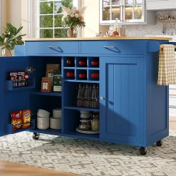 Îlot Cuisine Buffet Desserte Veinure Bois Rangement Bleu Blackcolors